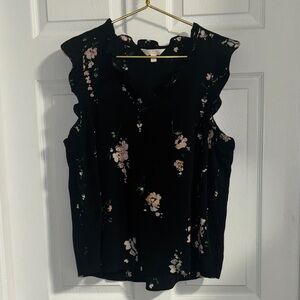 Lauren Conrad ruffle sleeveless micro pleat blouse with pink peach and green